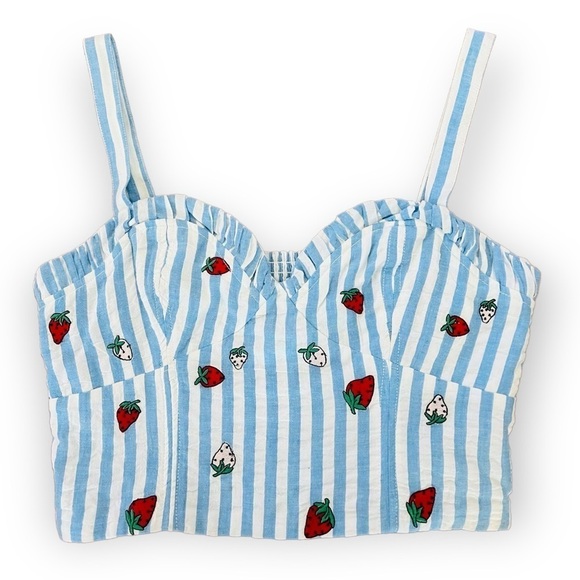 ANTHROPOLOGIE Maeve Striped Strawberry Embroidered Cami Blue White Tube Top NEW - Picture 8 of 9
